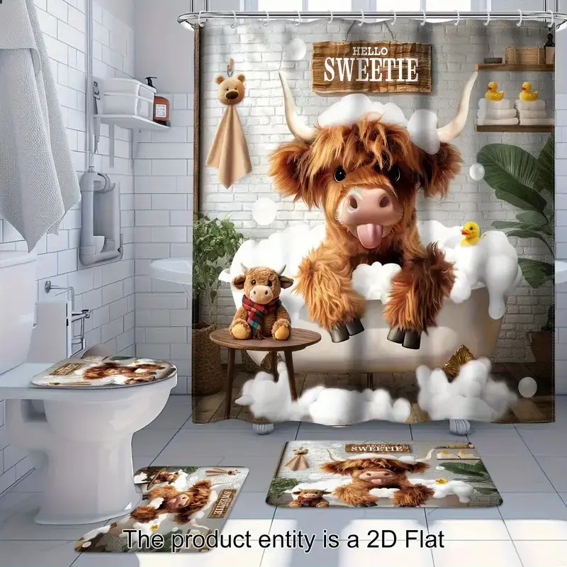 4pcs cute Highland Cow bathtub, exquisite shower curtain set, non-slip floor mat, U-shaped carpet, toilet cover, perfect for bathroom decoration, partition, beautify the space, 12 shower curtain hooks are given