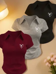 Women's 3 Pack Heart Graphic Polo Shirts, Short Sleeve V Neck Slim Fit Crop Tops, Soft Stretchy Y2K Aesthetic Tees, Casual Everyday Going Out Daily Wear for Teens, Juniors & Young Adults
