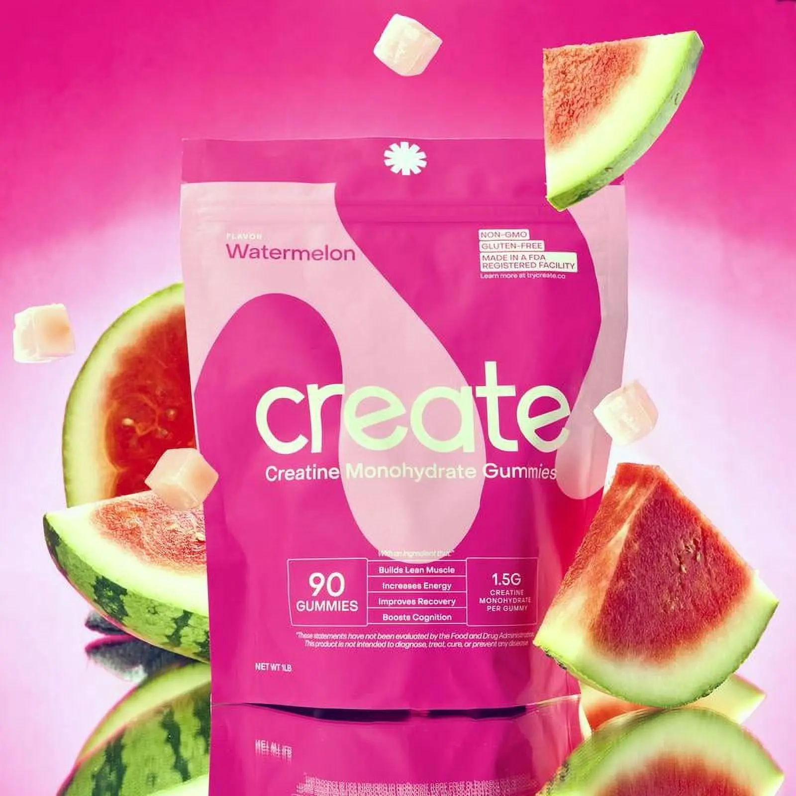 Creatine Monohydrate Gummies, Chewable 1.5g Watermelon Flavor 90-Piece Dietary Supplement for Men & Women, Fitness & Healthcare Support for Muscle Boost & Recovery