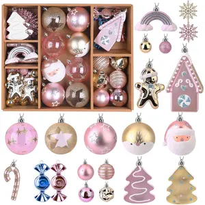 65-Piece Christmas Ball Ornament Set Shatterproof Plastic Ornaments in Gold Gingerbread House Design Christmas Tree Topper with Hanging Cord Ideal for Holiday, Wedding, and Party Decorations Macaron Pink