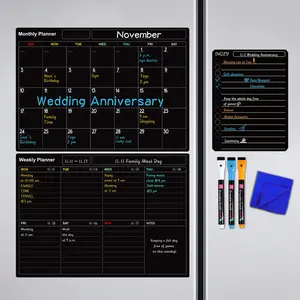 Magnetic Dry Erase Board Set, 1 Set Including 1/2/3 Counts Calendar Blackboard Planner & 3 Marker Pens & 1 Cleaning Cloth, Organizer Black Board, Fridge Calendar Magnetic