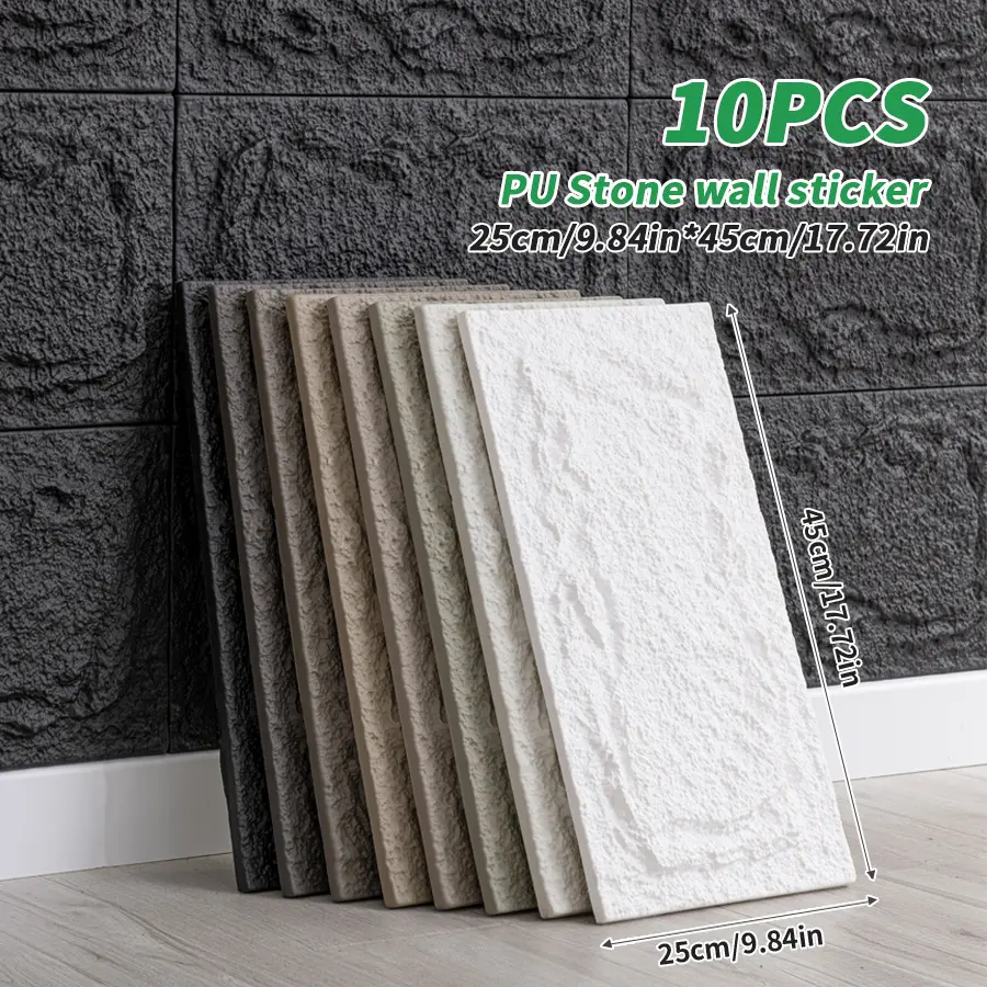Chee Lyee 10PCS 3D Self-Adhesive Faux Stone Decorative Wall Panels, 10mm Thick Waterproof Rectangular Patch Self-Stick Tiles (9.84x17.72in) Anti-Collision Indoor/Outdoor Home Decor