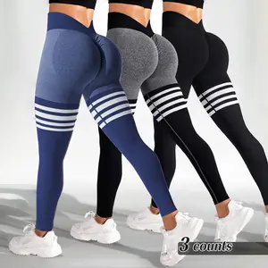 Hijesse Women's High Waist Seamless Colorblock Striped Print Yoga Sports Leggings - 3 Counts for Indoor & Outdoor Active Gym Pants Athletic Bottoms