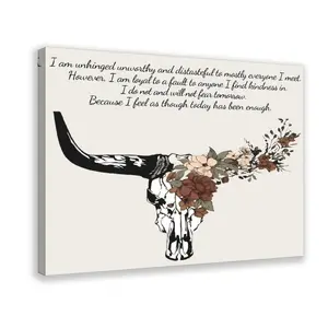 Longhorn Bull Skull Poste,Horizontal Cow Skull with Flowers Poster,Southwestern Cowboy Art,Desert House Decor