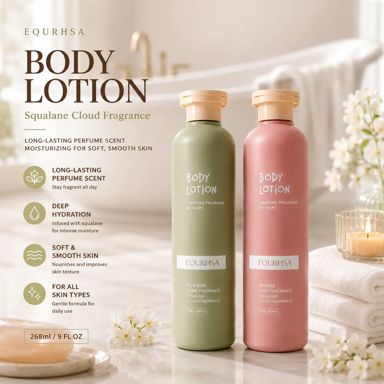 EOURHSA Squalane Cloud Fragrance Body Lotion - 9oz Scented Body Care Moisturizer, Long-Lasting Perfume, Hydrating Cream for Soft Smooth Skin - Blue Wind Chime & Reverse Paris Fragrance