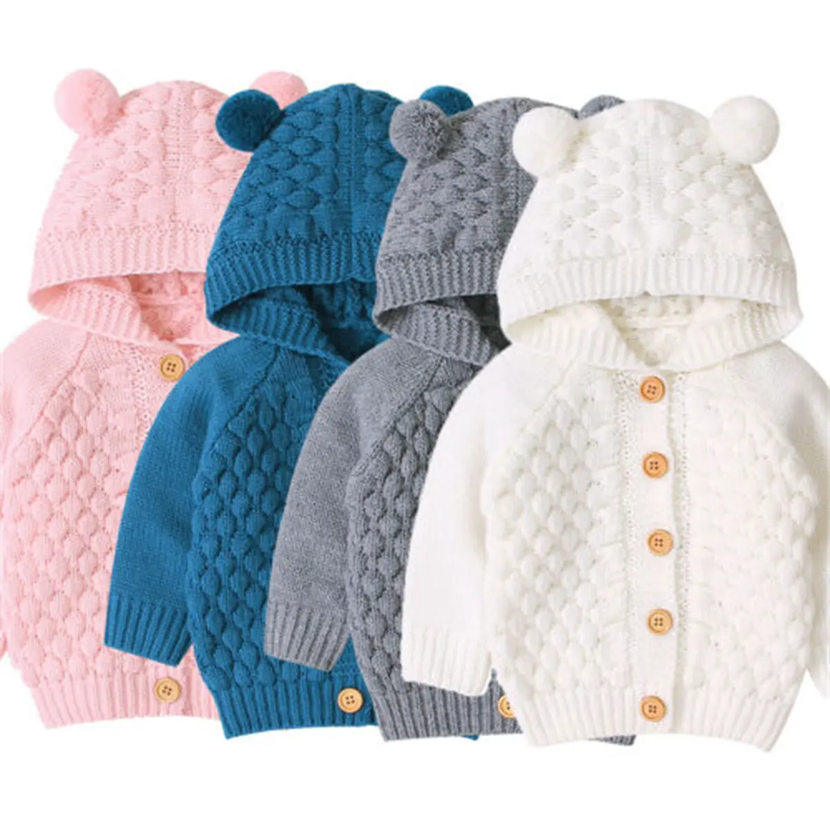 Newborn Baby Girls Boys Knit Cardigan Hooded Sweater, Infant Button-Down Cotton Outfits, Unisex Baby Basic Clothes