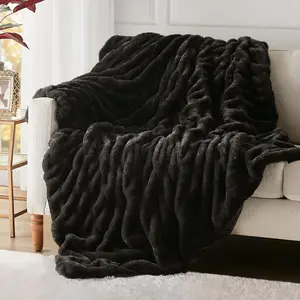 Hyde Lane Luxury Ruched Faux Fur Throw Blanket | Ultra Soft Cozy Puzzy Throw | Plush Black Mink Blankets for Sofa, Couch, Living Room, 50"x60"