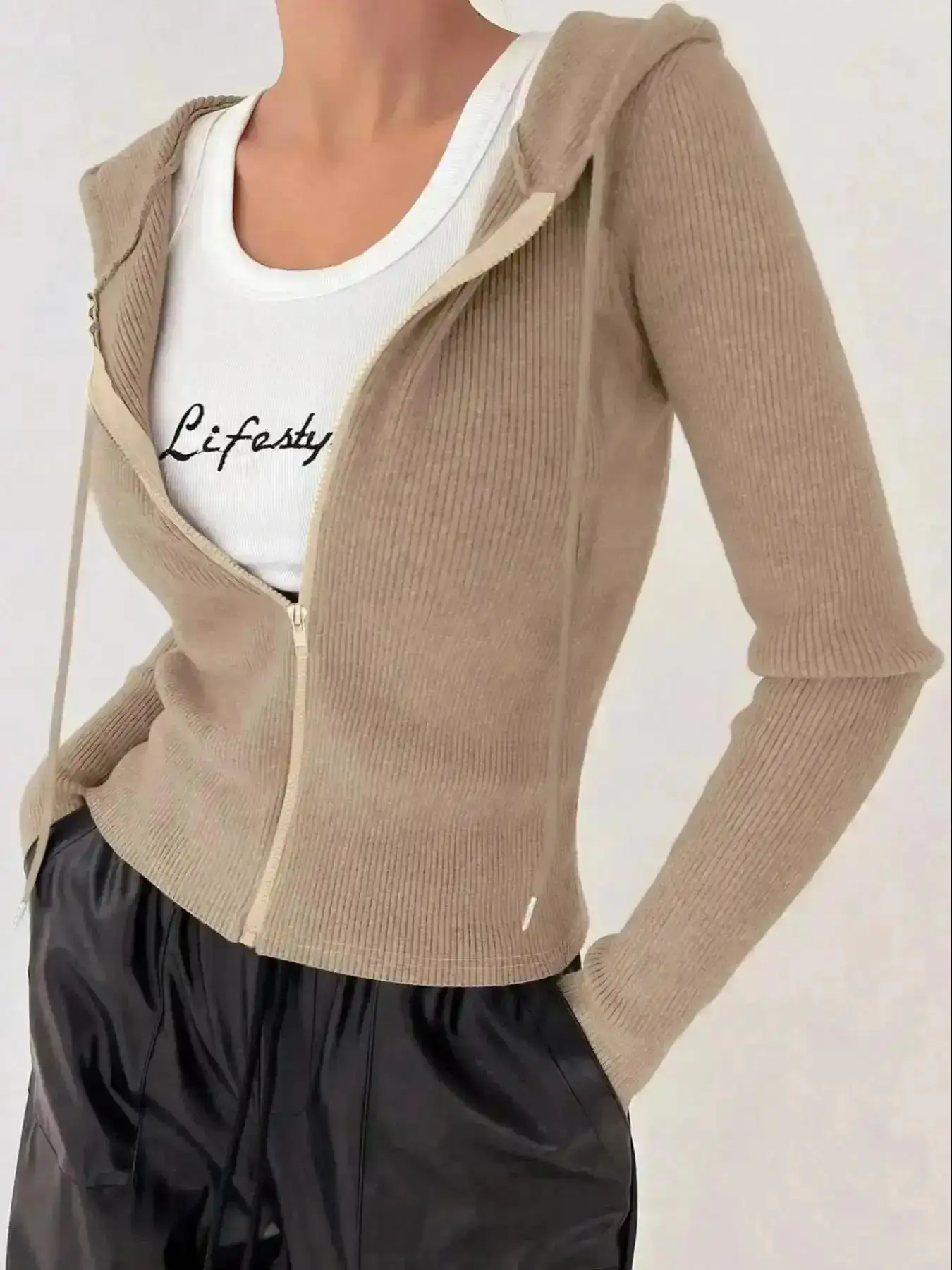 Open Front Cardigan Coat, Color Casual Knitted Long Sleeve Zipper Hooded Jacket, Stylish and Comfortable Outerwear for Daily Wear, Perfect Fall Winter, Breathable, Autumn Vibes, Comfy, Street Style, Elevated Basics