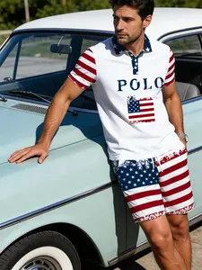 Independence Day Polo Letter Theme Men's Classic Polo Shirt, Star-Spangled Flag Print, Casual Two-Piece Set, Shorts Sets Outfits, Short Sleeve, Loose-Fit Tee and Shorts