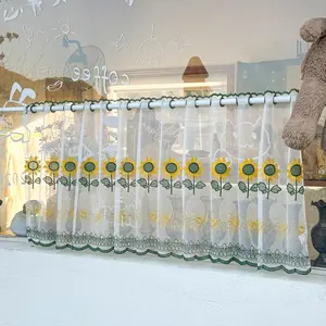 1pc Sunflower Embroidered Half Curtain, Lace Sheer Short Curtains, Privacy Decorative Drapes for Kitchen Coffee Shop Bedroom Balcony