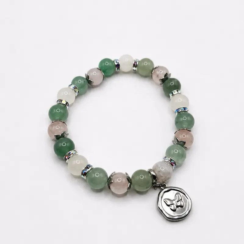 Feminine Strength Crystal Charm Jewelry - Moonstone, Green Aventurine, Rose Quartz Stones with Stainless Steel Charm