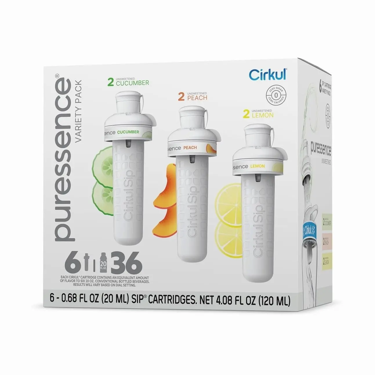 Cirkul Puressence Unsweetened Flavor Water Variety Pack, Makes 36 Drinks, No Sugar, Zero Calorie Drink Mix, (2 Cucumber, 2 Peach, 2 Lemon)