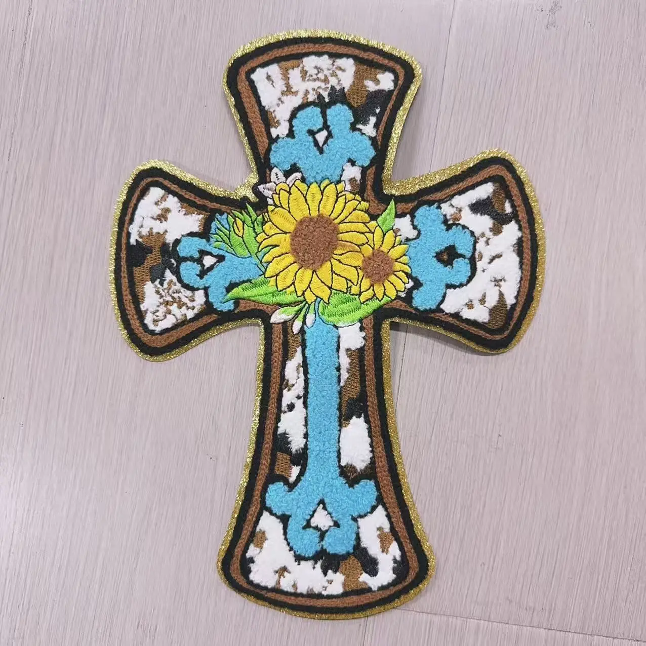Cross Patches with Sunflower Design and Blue Accents for DIY Projects and Clothing Decor