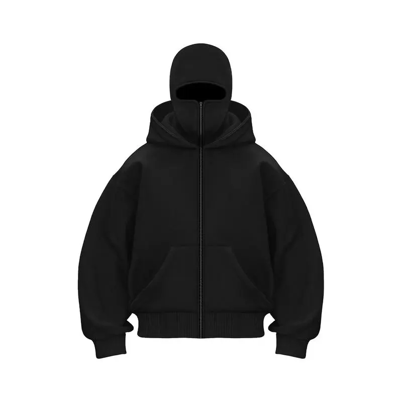 Balaclava Jacket Zip Up Fashion Double Layer Hoodie Hip Hop Outerwear Jacket Y2K Clothing for Men and Women