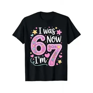 New Year Gift "I Was 6 Now I’m 7" Funny 7th Birthday T-Shirt for Women Number 67 Heart Balloons Design Soft Breathable Casual Loose Fit Birthday Celebration Top