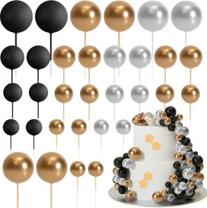 32 Pcs Ball Cake Topper Decorations Mini Balloons Cake Topper Sticks Foam Balls Cake Picks for Graduation Wedding Party Birthday Cake Decorations (Gold Silver Black)