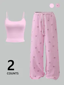 2-Pack Pink Bow Coquette Set, Matching Clothing Set, Womenswear, Cami Crop Top + Striped Wide-Leg Pants, TikTok Viral Aesthetic, Sweet Bow Print, Quilted Fabric, Comfy Relaxed Casual Fit Perfect for #OOTD, #Y2KRevival, Stylish for Brunch, Lazy Nights