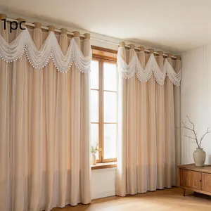 1pc Thermal Insulated High Blackout Integrated Sheer Curtains with Waterfall Valance and Lace Trim Pink Grey Privacy Protect Room Darkening Drapes for Energy Saving Grommet
