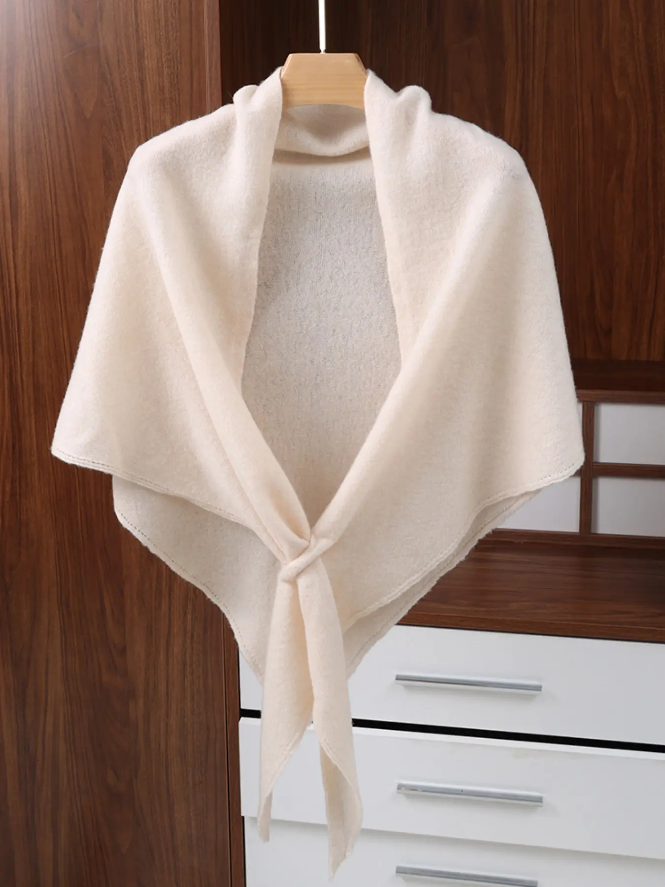 Women's 100% Wool Pure Color Triangle Knitted Trendy Solid Shawl, Fall Winter Warm Thick Neck Scarf, Fashion Casual Outerwear Wrap Cape