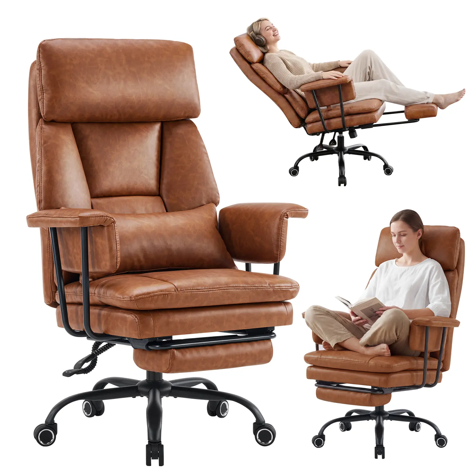 Furnimart 400 LBS Heavy Duty Plus-Size Office Chair, PU Leather Ergonomic Desk Chair with Footrest, Flip-Up Armrests and Extra Wide Seat for Cross-Legged Sitting