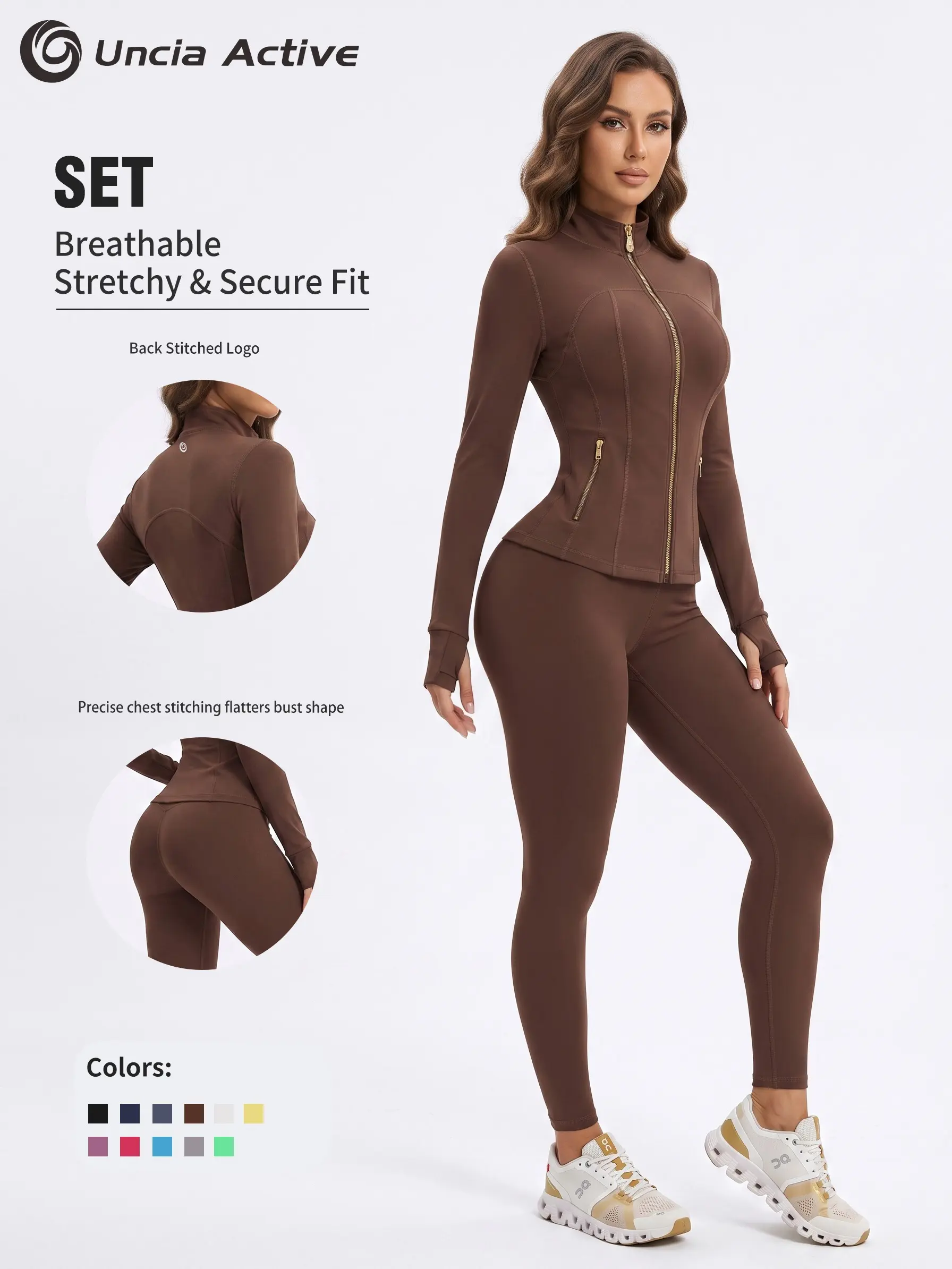 Women's 2-Piece Athletic Sportswear Set - Gold Zipper Fitted Jacket, High Waist Stretch Leggings for Sports, Outdoor Activities
