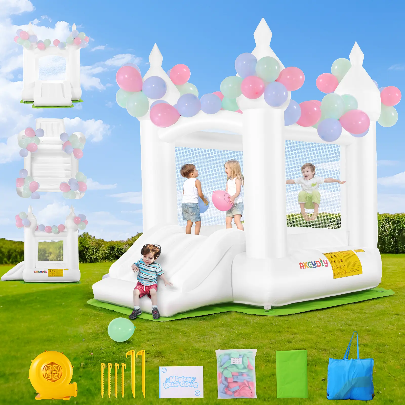 Whubefy Inflatable Bounce House with 108 Balloons for Kids,101"x70"x95" White Bouncy Castle with Air Blower,Indoor & Outdoor Bouncy Castle with Slide for Wedding Party Kids Birthday Party,Christmas Gifts