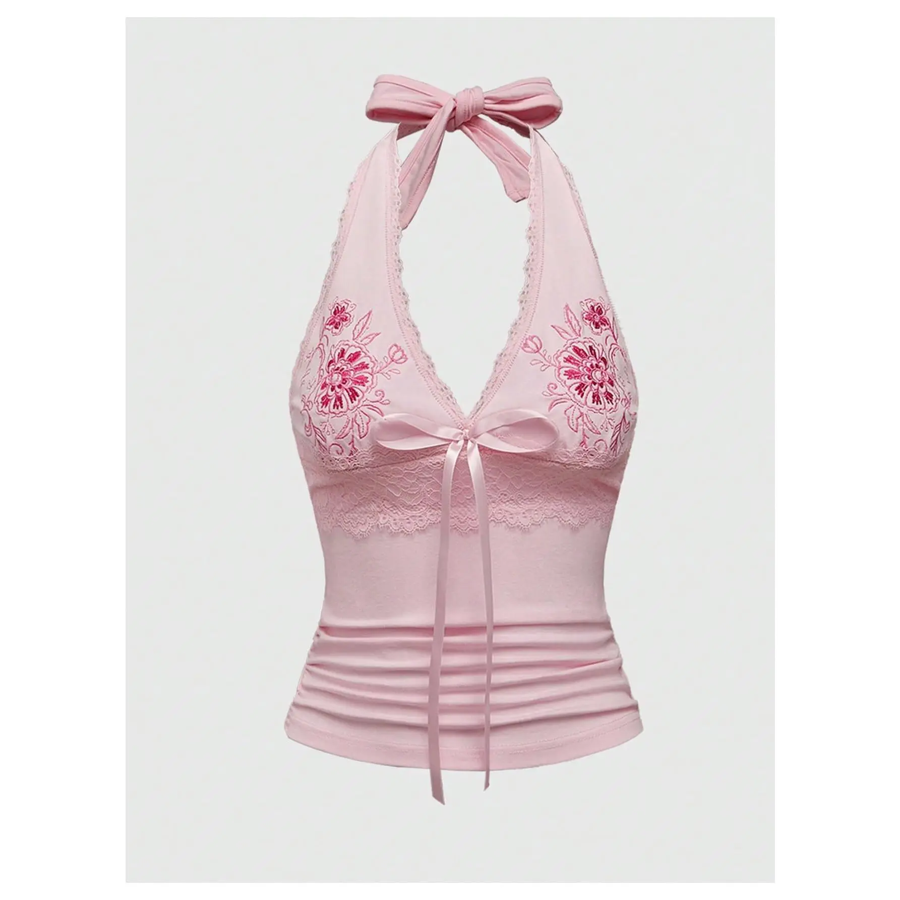 Y2k Halter Tank Tops Floral Embroidery Bow Lace Trim Ruched Fitted Sleeveless Going Out Top
