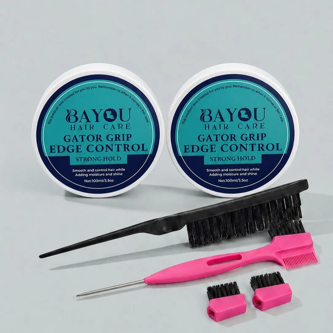 Bayou Hair Care Braider Bundle - 4-Piece Strong Hold Edge Control Styling Kit with 2x3.5 oz Gels, 2 Detangle Brushes for Smooth, Curly, Wavy Hair - Unisex Haircare for Female, Youth, Curly Hair