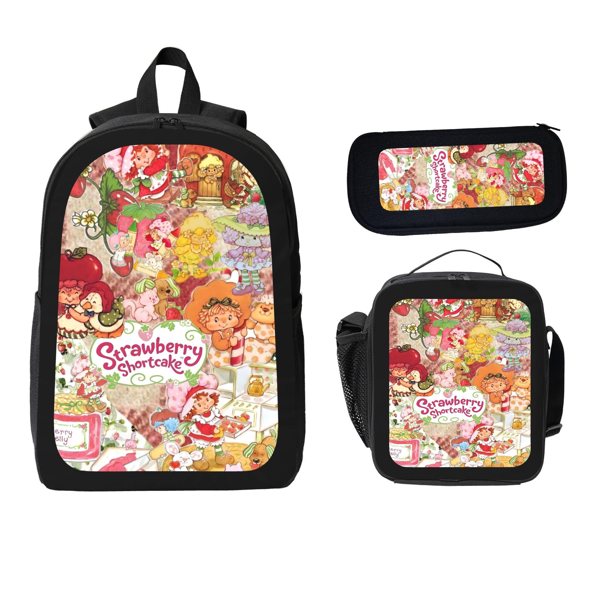 Strawberry Shortcake Cute Cartoon Strawberry Print Backpack Large Capacity Trendy for School Travel Trend with Lunch Box and Pencil Case for Boys Girls Stylish for Kids Teens
