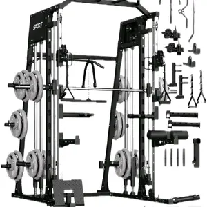 Smith Machine Home Gym All in One 2200LBS Squat Rack Power Cage with Smith Bar LAT Pull-Down Cable Systems Leg Hold-Down and More Attachments Workout Equipment Red Black Dual Pulley Systems
