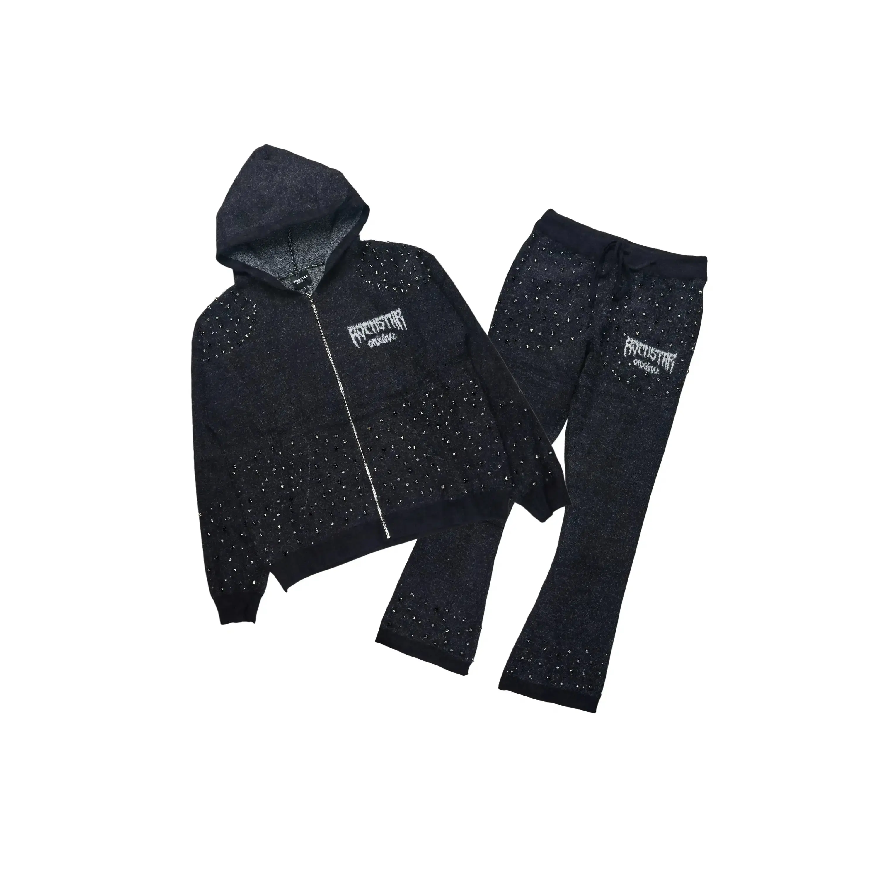 Lapiz Black Rhinestone Mohair Knit Stacked Flare Track Set