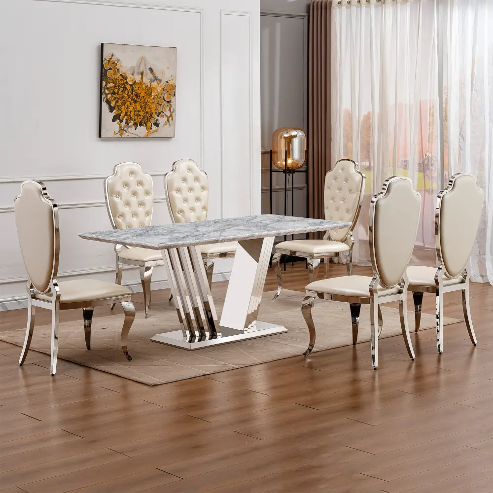 Marble Dining Table for 6 People, 70'' Rectangle Faux Marble Dining Table with Mirrored Finish Stainless Steel Base, Modern Large Size Marble Kitchen Table (only table)
