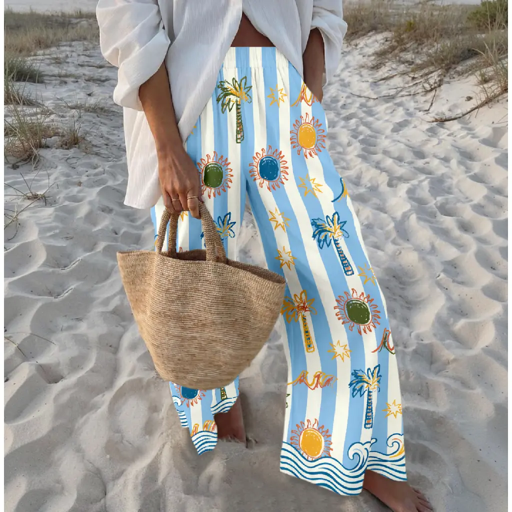 Seaside Resort-Themed Wide-Leg Pants — Striped Trousers with Elastic Waistband, Ideal for Everyday Casual Wear or Outerwear.
