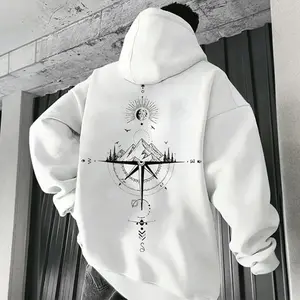 Vintage Compass Print Hoodies for Men High Quality Hooded Long Sleeve Pullover All Season Daily Casual Sports Tops Men's Clothes
