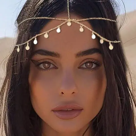 Boho Head Chain Gold Sequins Headbands Chain Layered Bridal Headpiece Jewelry Festival Wedding Hair Accessories For Women Head Jewelry Bridal Accessory