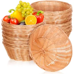 20 Pcs Plastic Round Basket 7 Inch Woven Empty Gift Baskets Wicker Bread Tray Food Storage Serving Container for Family Party Kitchen Restaurant Centerpiece Vegetables Fruits Display