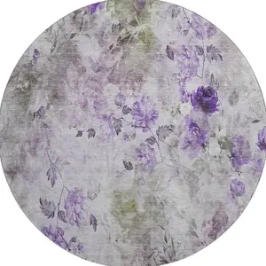 HomeRoots 657728 8 ft. Purple, Gray & Ivory Floral Transitional Washable Round Area Rug with UV Protection