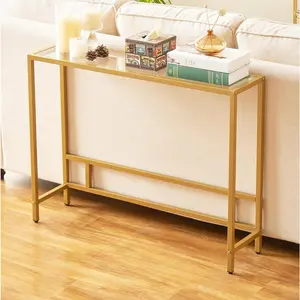 Small Modern Console Table for Entryway, Tempered Glass with Metal Frame Sofa Table for Living Room, Hallway, Office (Single-Layer, Gold)