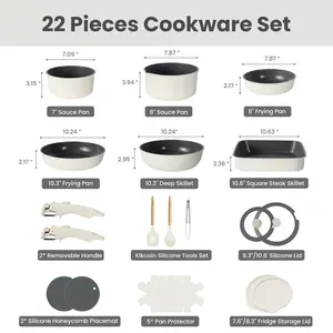 Kikcoin RV Nonstick Cookware Set Non-Toxic Ceramic 22pcs pots and pans set complete Cookware Set with Lids,Detachable Handle,cook in RV PFAS-Free,Dishwasher Oven Safe,Kitchen Outdoorfun Induction Compatible Handwashing Recommended, Stovetops