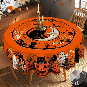 PLUMLIK Orange Halloween Tablecloth with Black Cat Witch Skull Pumpkin Moon Patterns, Halloween Decor 2025, Day Of The Dead Round Rectangular Table Cloth, Holiday Indoor Outdoor Table Decor, Halloween Ghost Bonfire Party Decor, kitchen Homegoods Halloween