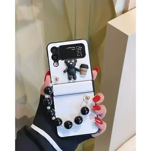 Black & White Leather Bear Foldable Phone Case with Black Beaded Bracelet for Samsung Z Flip3/4/5/6/7/7FE, Sweet Cool Girl Style Cover Accessories