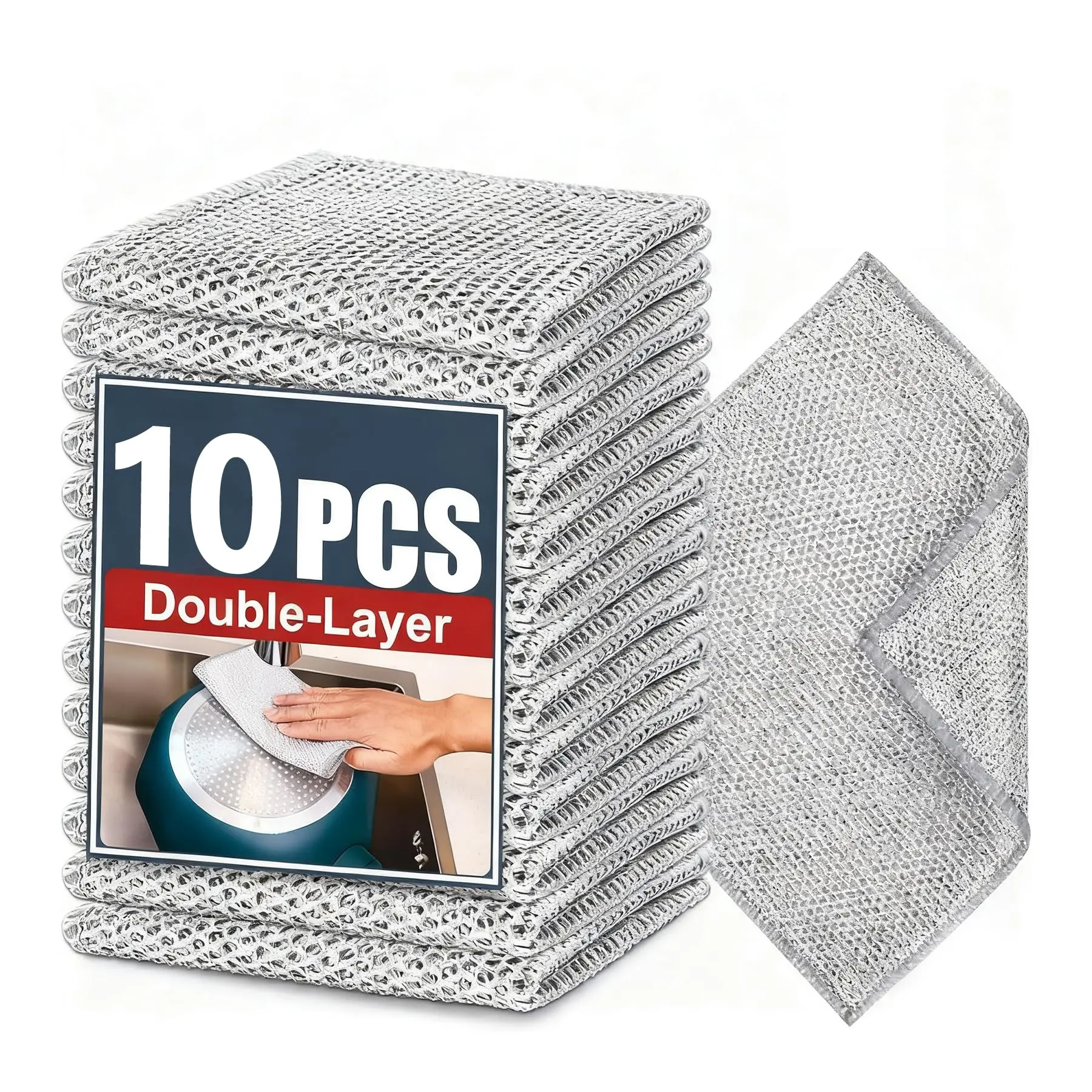 Double-Layer Steel Wire Cleaning Cloth - Non-Scratch Wire Dishcloth Rag Heavy Duty Scrub Pads Multi-Purpose Silver Mesh Scouring Pads for Dishes, Pots, Pans