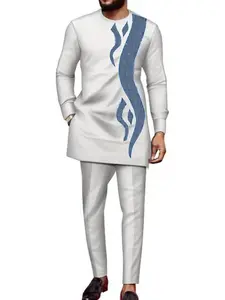 Traditional Muslim Set African Style Men's Wedding New Suit 2-Piece Round Neck Long Sleeve Top and Pants