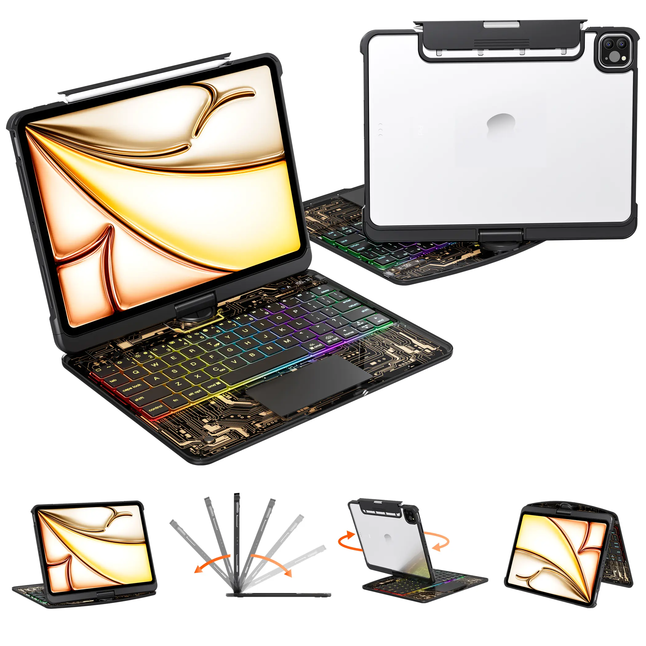 360° Swivel iPadCase With High Appearance transparent Keyboard for iPad (8.3'/10.2'/10.9'/11'/12.9'/13 inch )ipad 7-11th(A16)/ipad air(2022-2026) / ipad pro (2018-2025) and ipad mini