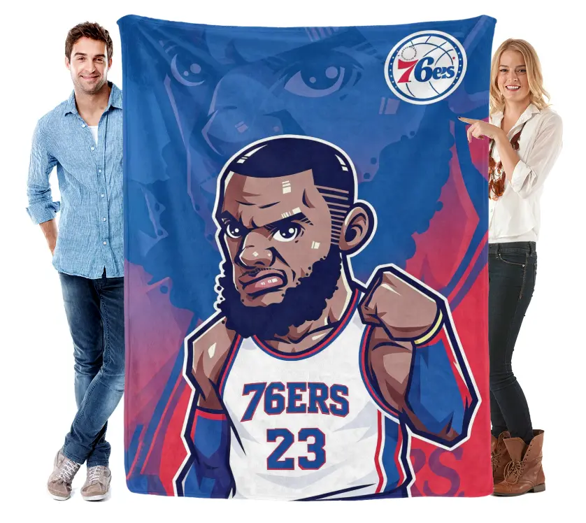 LeBron James 76ers Blanket, Basketball Star Graphic Flannel Throw Blanket, Blue Red Team Style Plush Fleece Blanket, Soft Cozy Blanket for Bedroom Sofa Couch, Basketball Fan Gift
