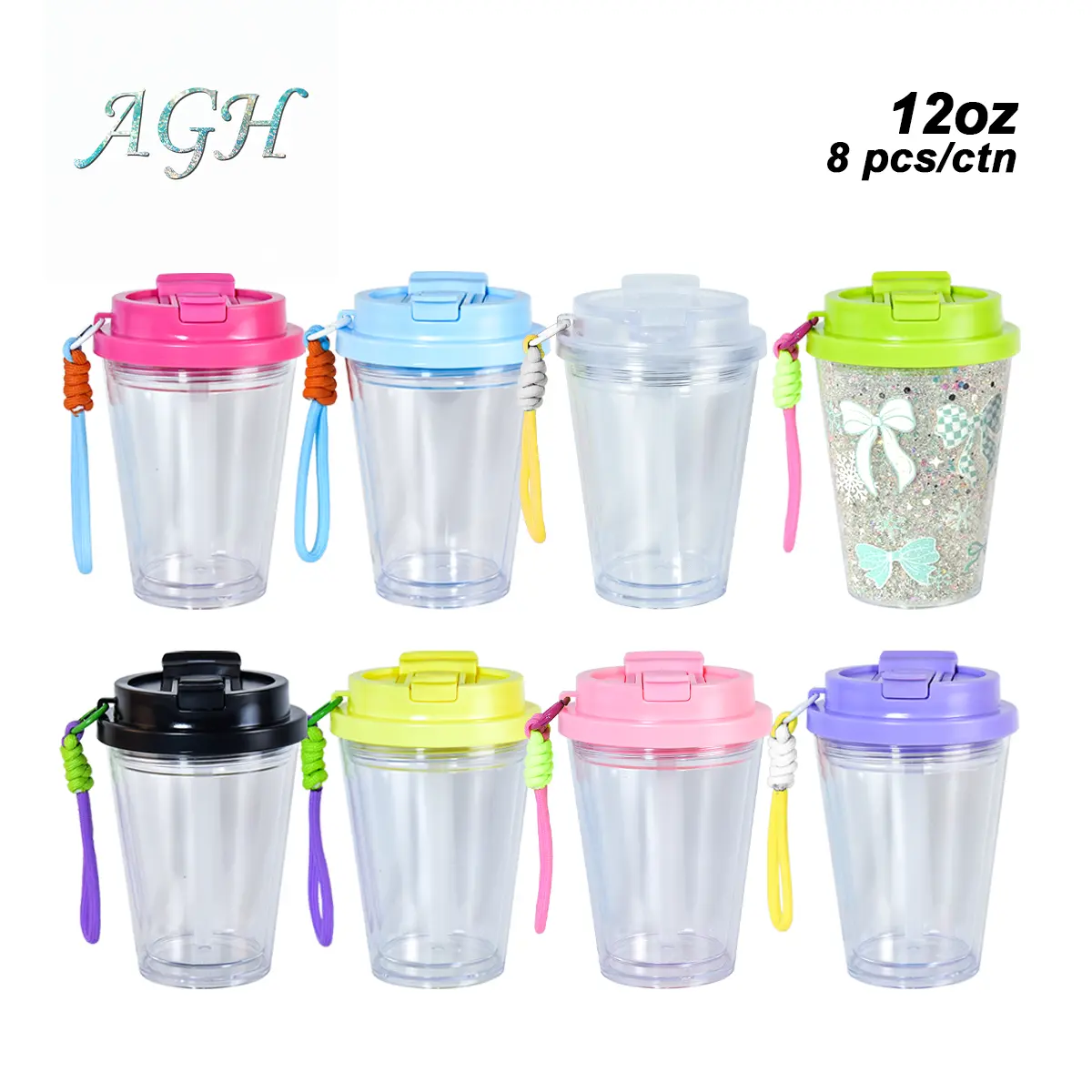 AGH New collection 8-PACK/16-PACK 12oz Dual Double Walled Plastic Tumbler with Mixed Color with Straps, with Pre Drilled Hole And Plugs
