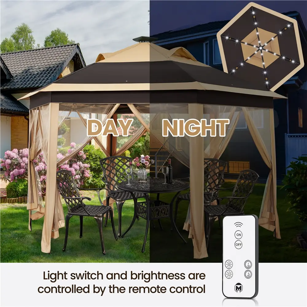 Yaheetech 13x13FT Hexagonal Pop-Up Gazebo Tent - All-Weather Polyester Ventilated Canopy with Remote-Controlled 25 Solar LED Lights, Mesh Netting Sides, 3-Level Adjustable Height, Metal Frame, Easy Set-Up & Storage Bag for Outdoor Patio