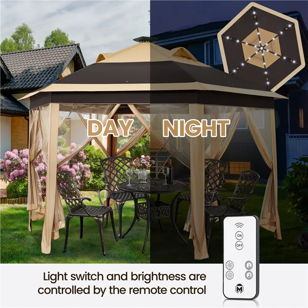 【Remote Control Light Gazebo】Yaheetech 13x13 Pop-up Gazebo Tent with Mesh Netting Sides, 25 Solar LED Lights, 3 Height Adjustable Features & Storage B