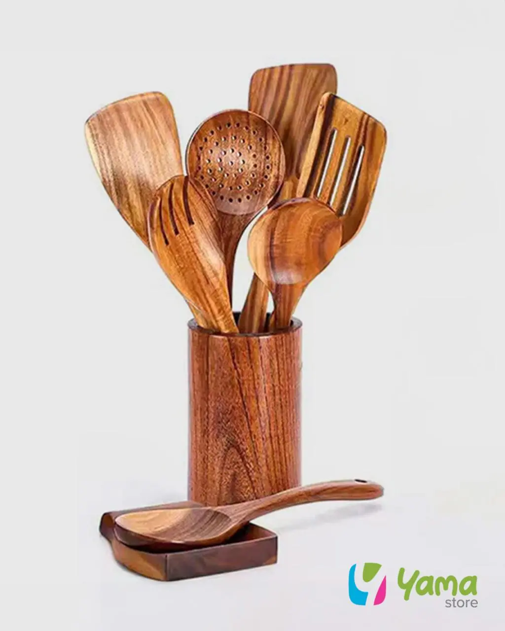 KITCHEN 8-Piece Rustic Acacia Wooden Spoon Set - Eco-Friendly Healthy Kitchen Utensils for Eco-Friendly Living, Sturdy Non-Scratch Easy-to-Clean Accessories with Spatula, Turner, Ladle, Skimmer, Holder, Spoon Rest, Spoons