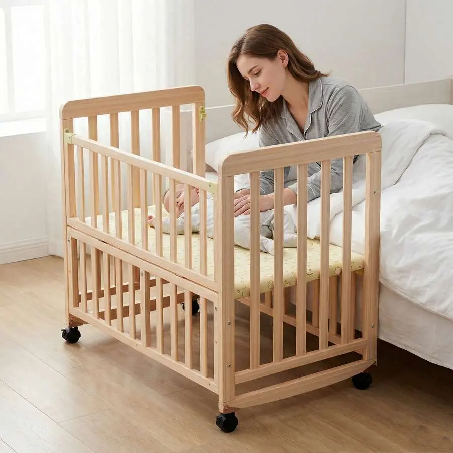 Pine Wood Bedside Baby Bassinet - 3-in-1 Portable Mini Crib with Mattress, 3 Adjustable Heights, Space-Saving Sleeper for Newborns & Infants (0-36 Months)
